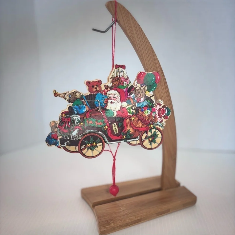 VINTAGE WOODEN PULL STRING SANTA CLAUS In A Car With Toys 5.5” ORNAMENT